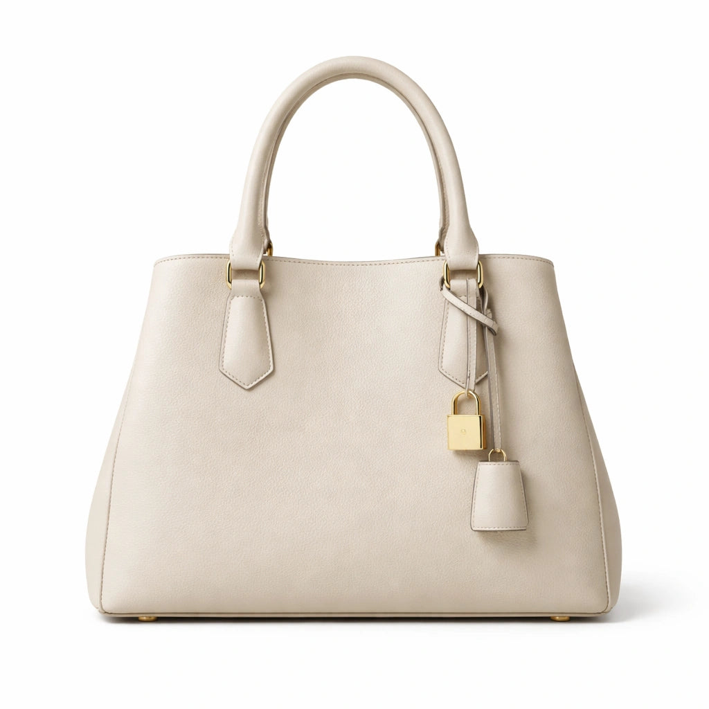 Bagura Women's Cream Structured Tote Handbag with Padlock Charm